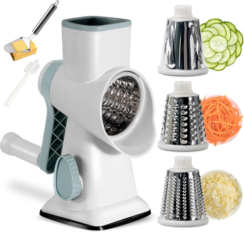 Maxceysen 3 in 1 Manual Vegetable Cutter Machine with Stainless Steel Changeable Blades Rotary Cheese Grater Kitchen Tool Potato Slicer Shredder Nuts Chocolate Chopper (White blue) - Image 1